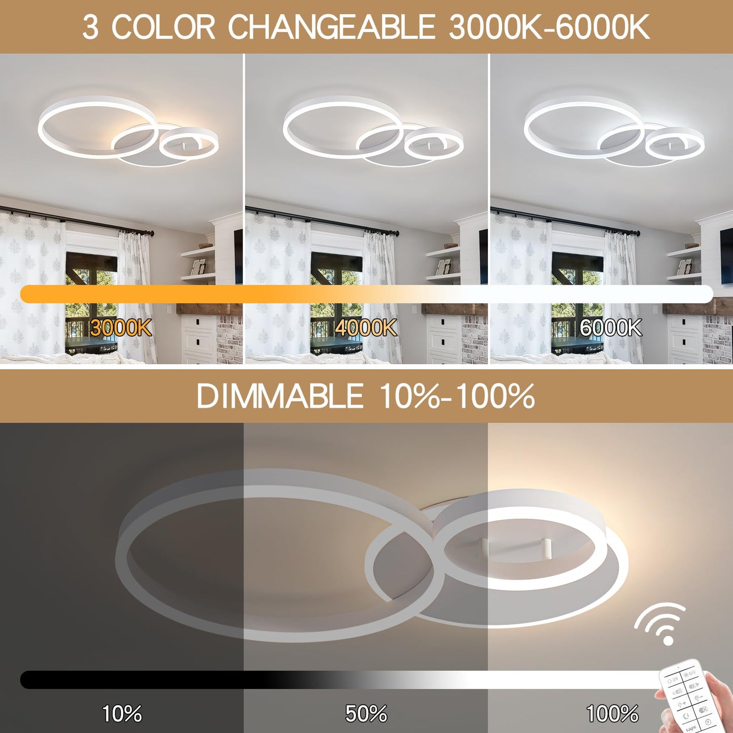 O'NEELDY Modern 3 Ring LED Chandelier Lamp Fixture White 25.59''Dimmable Acrylic Flush Mount Ceiling Lights with Remote Control Ideal for Small Room, Kitchen, Bedroom