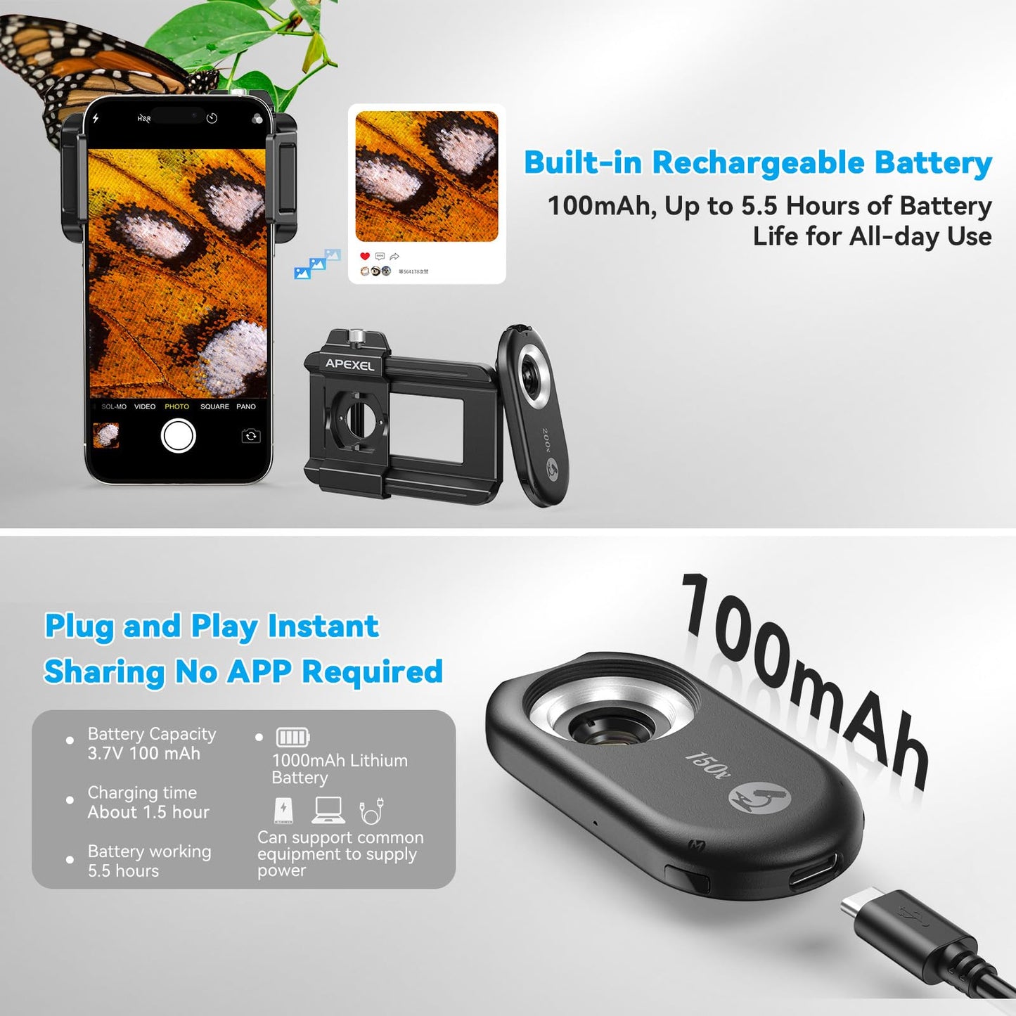 APEXEL 3-in-1 Phone Microscope Lens, 100X/150X/200X Nano Zoom Phone Micro Lens for Android/iPhone with LED UV Light/CPL/Universal Clip, Mini Pocket Digital Microscope, Portable Smartphone Camera