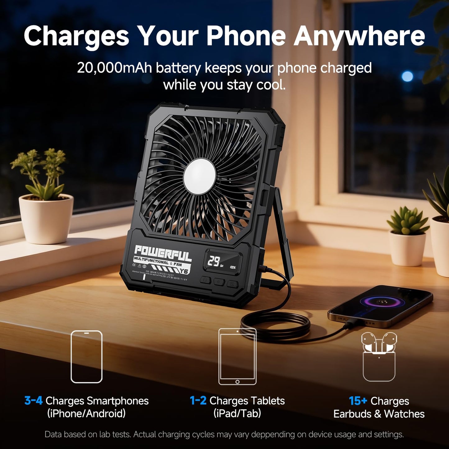 TYJONX 20000mAh Rechargeable Battery Powered Fan, Up to 85H Runtime Rechargeable Fan with LED Light, Ultra-thin Portable Camping Fan for Home, Outdoor, Tent, Travel,Cruise Ship Essentials