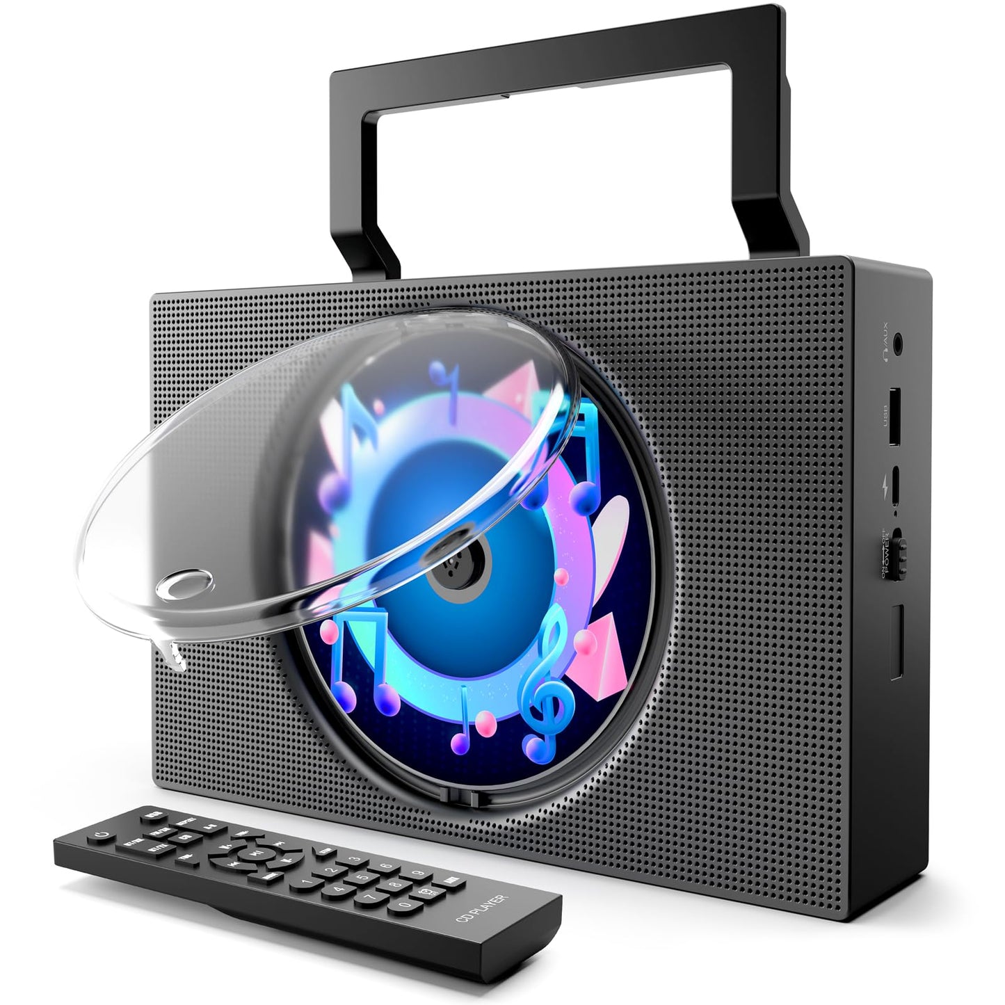 Portable CD Player Boombox with Bluetooth - Rechargeable CD Player with FM Radio, USB, AUX, Remote Control - Stereo Sound System with 4000mAh Battery - Supports CD/CD-R/CD-RW/MP3/WMA
