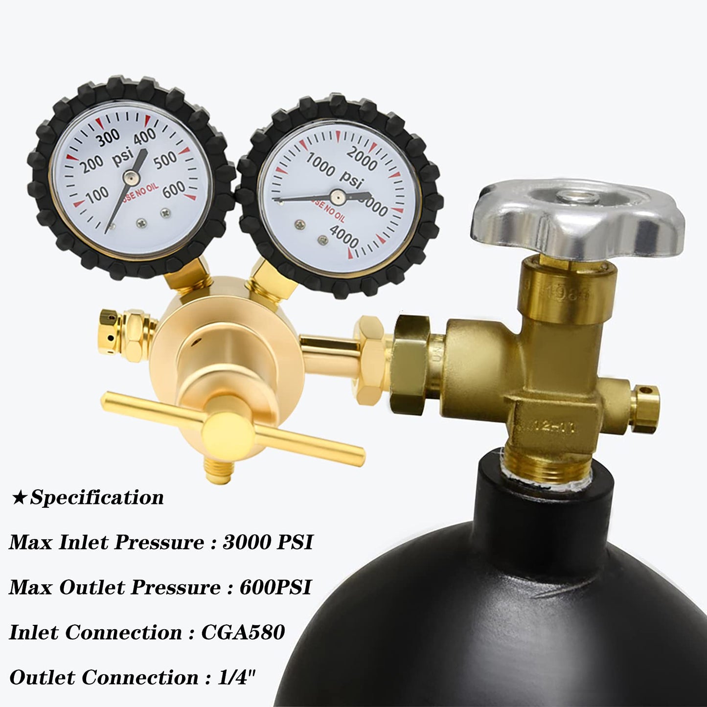 Nitrogen Regulator 0-600PSI CGA580 Inlet, 1/4-Inch Male Flare Outlet Connection,Heavy-Duty Handle,Self-reseating Relief Valve,Nitrogen Tank Regulator