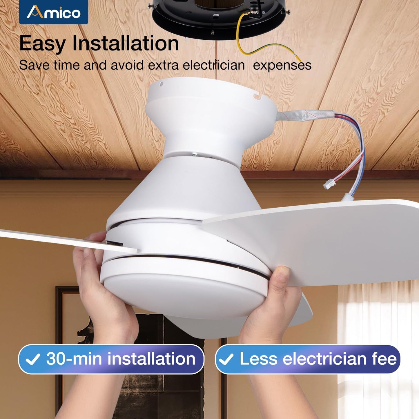 Amico Ceiling Fans with Lights, 42 inch Low Profile Ceiling Fan with Light and Remote Control, Flush Mount, Reversible, 3CCT, Dimmable, Noiseless, White Ceiling Fan for Bedroom, Indoor/Outdoor Use
