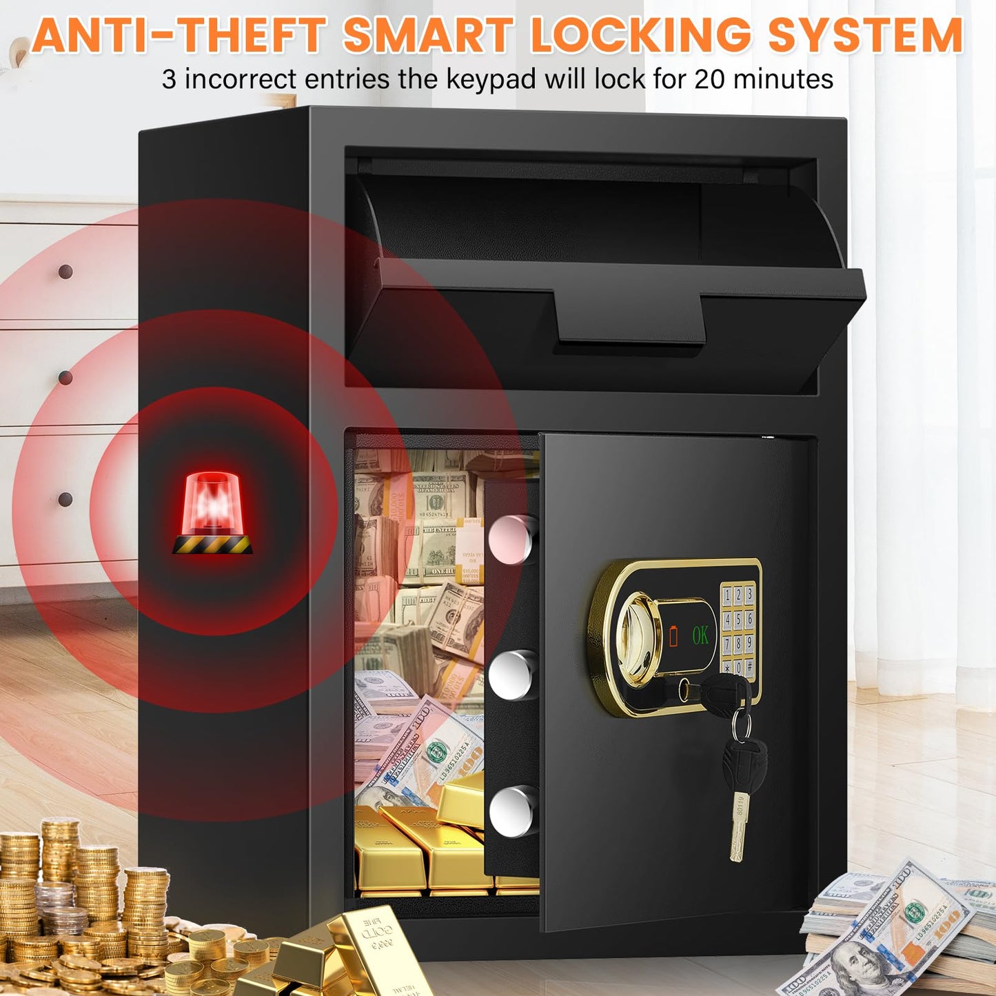2.8 Cubic Fireproof Drop Safe for Business, Anti-Theft Drop Slot Safes for Money with Digital Combination Lock & Spare Keys, Cash Depository Safe with Drop Box for Home Retail Store Business
