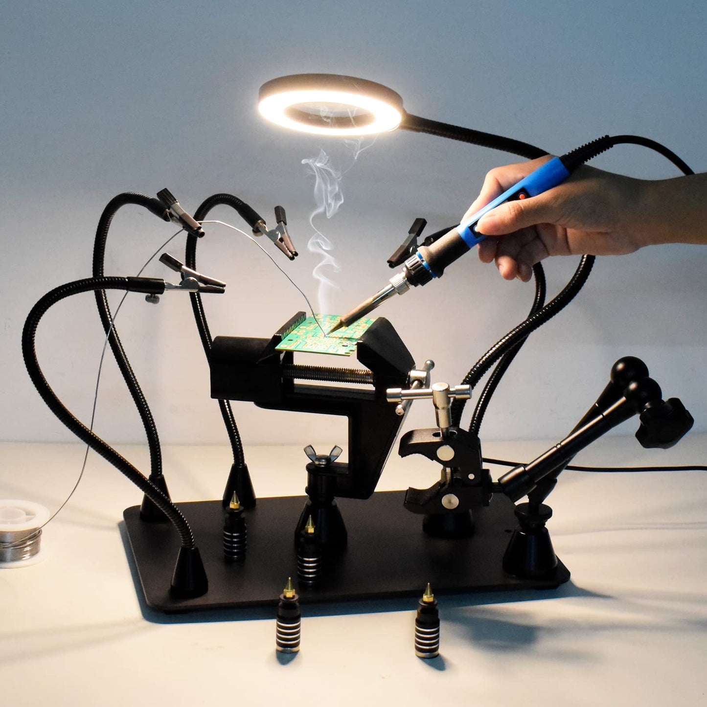 Magnetic Helping Hands Soldering Third Hand, PCB Circuit Board Holder with 3X LED Magnifying Lamp, 360 Hot Air Gun Holder, Extra Large & Heavy Duty Base Plate | Flexible Arms for Soldering Station