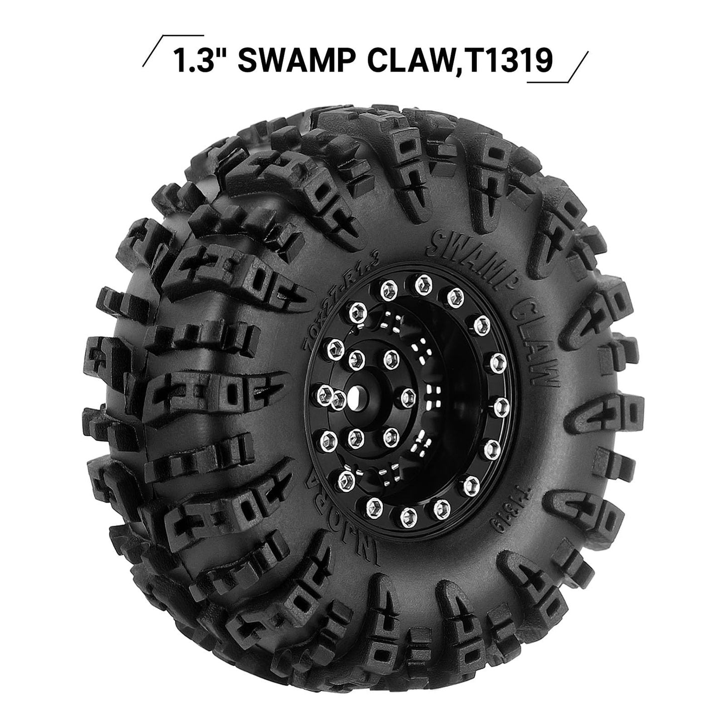 INJORA 1.3" Wheel Tires Set - S5 Swamp Claw Mud Terrain Tires and Aluminum Wheel for 1/18 1/24 SCX24 TRX4M Upgrade RC Crawler Car