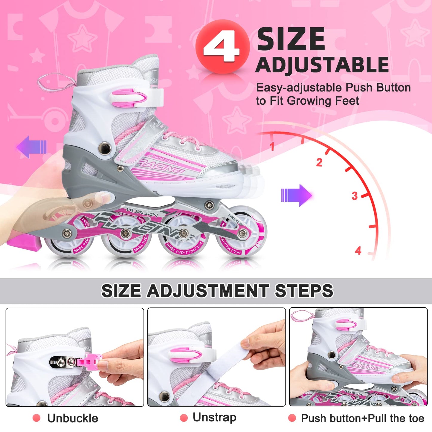 Kuxuan Inline Skates Adjustable for Kids,Girls Skates with All Wheels Light up,Fun Illuminating for Girls and Ladies