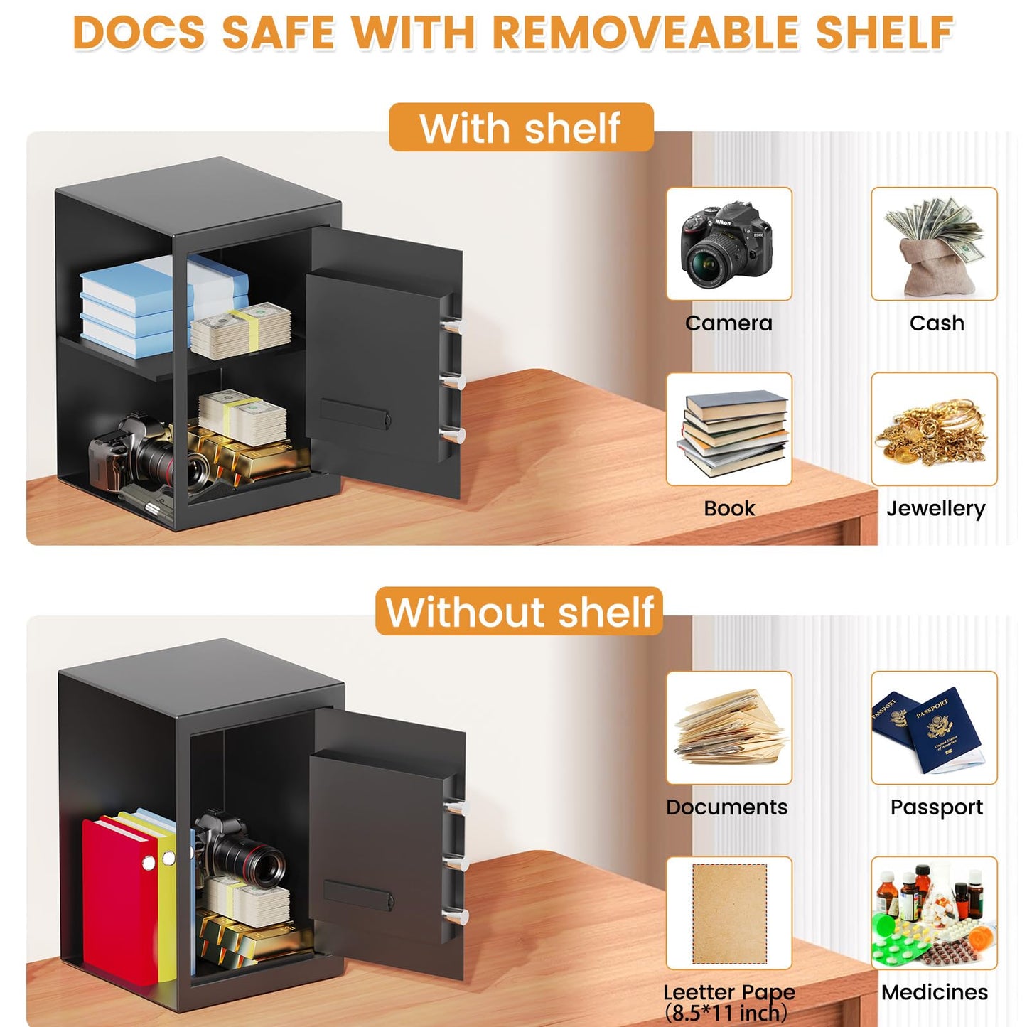 2.5 Cuft Fireproof Safe for Home, Safe Box Fireproof Waterproof with Digital Keypad and Manual Key, Removable Shelf, Fireproof Bag, Personal Security Fire Proof Safes for documents Money Valuables