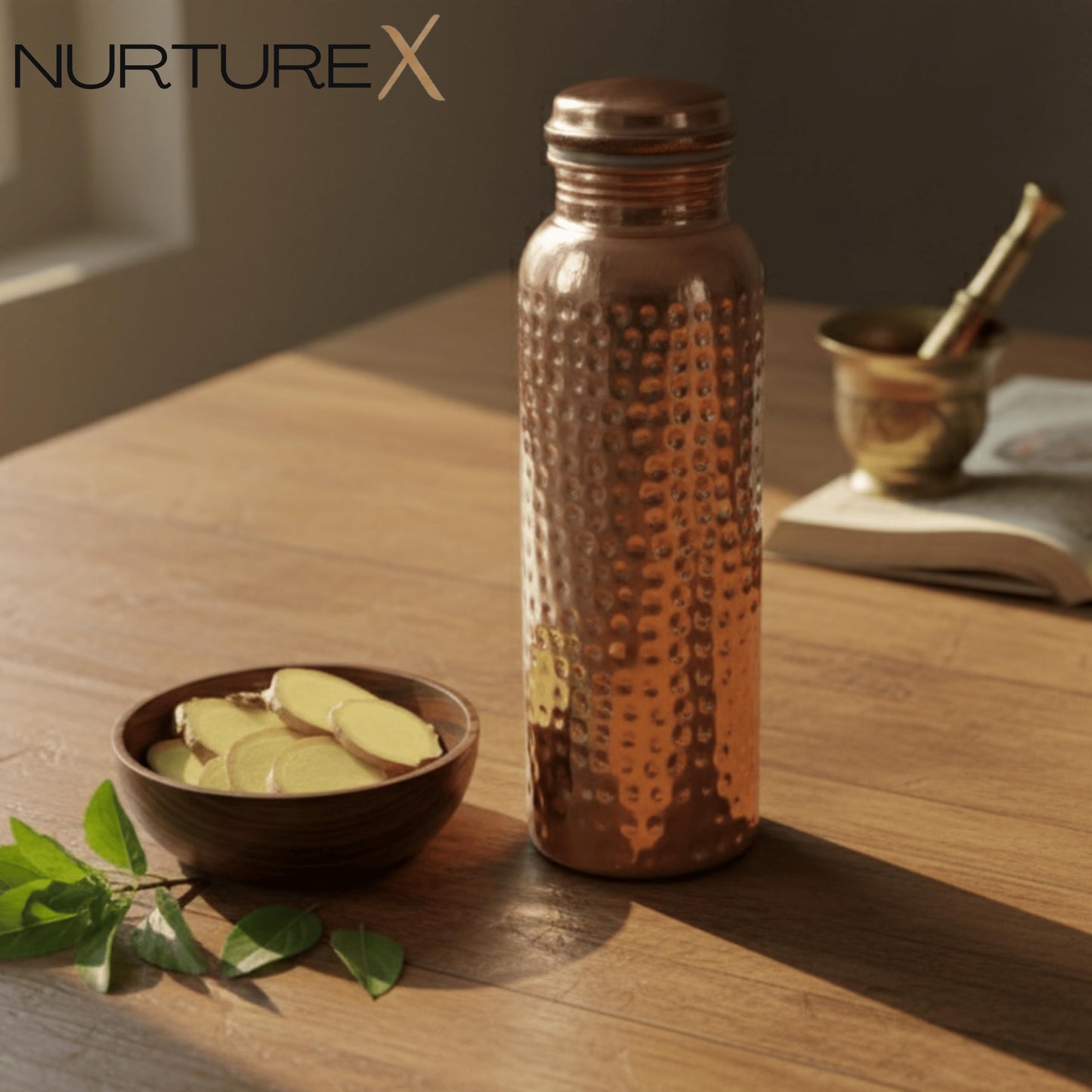 NurtureX Copper Water Bottle, 34 Oz / 1 Liter, ANTI-TARNISH Protective Coating, Leak-Proof, Joint-Free, Handcrafted, Eco-Friendly & Ayurvedic Drinkware for Yoga, Gym & Office - Hammered