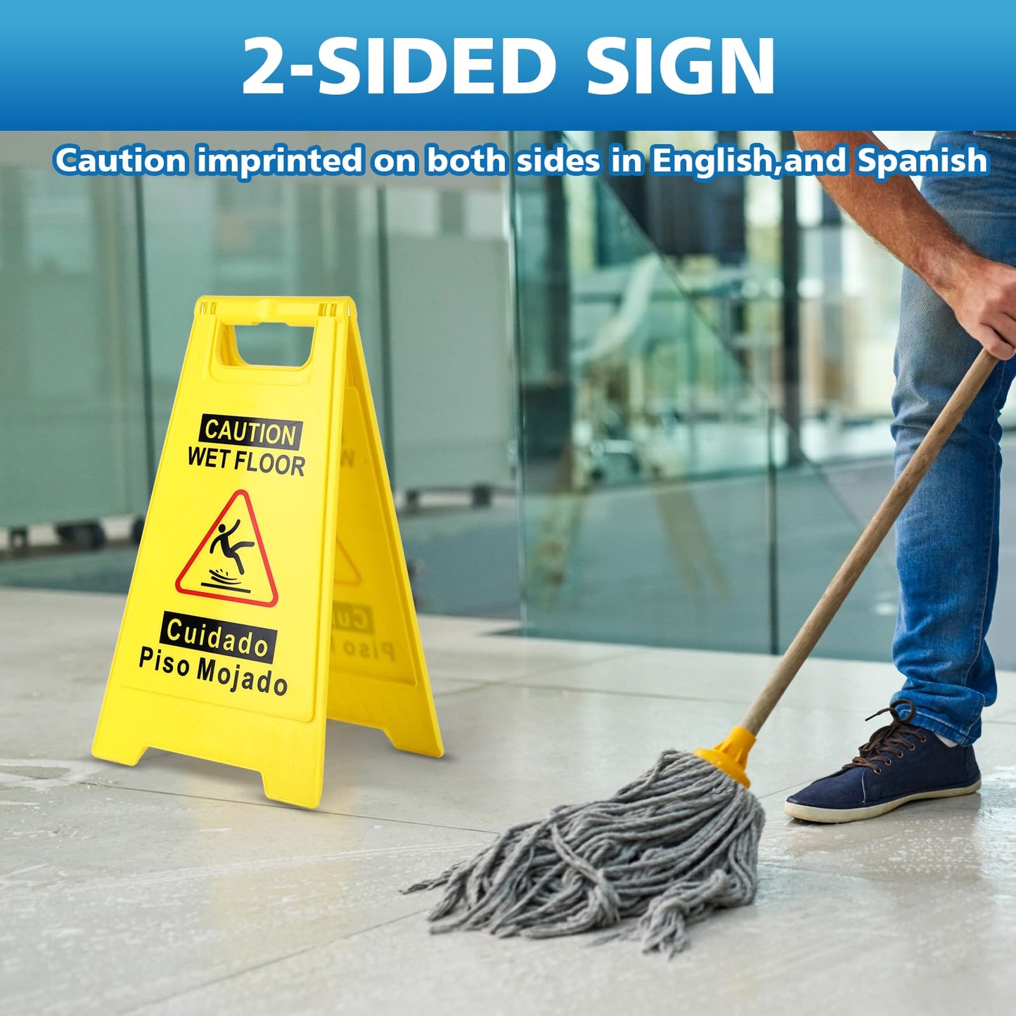 8-Pack Caution Wet Floor Sign,17.5" Height,Bright Yellow Double-Sided Folding A-Shaped Frame Design, Bilingual Caution Message