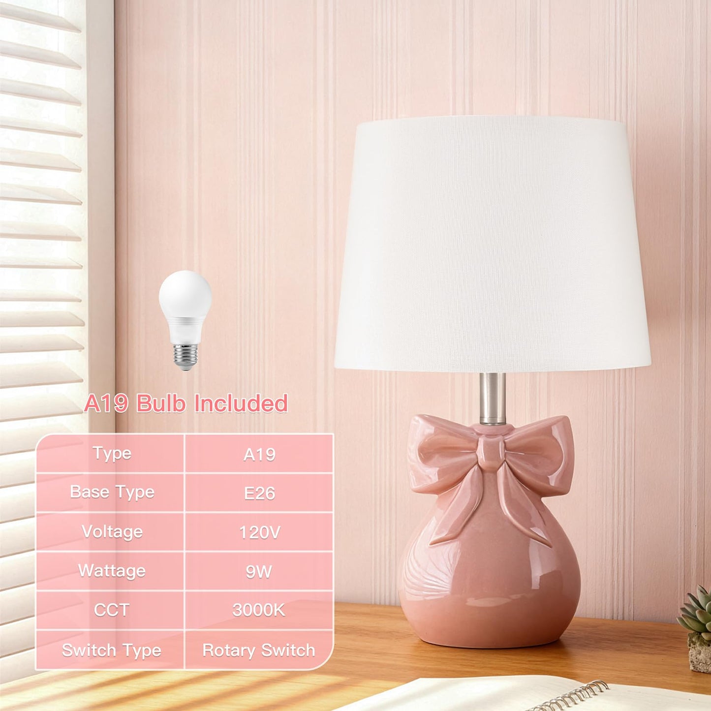 Hapcrea Pink Bow Table Lamp for Girl's Room, 19" Ceramic Cute Lamp for Bedroom, Classic Bedside Lamp for Nightstand, Modern Table Lamp for Living Room with Rotary Swtich (Bulb Included)