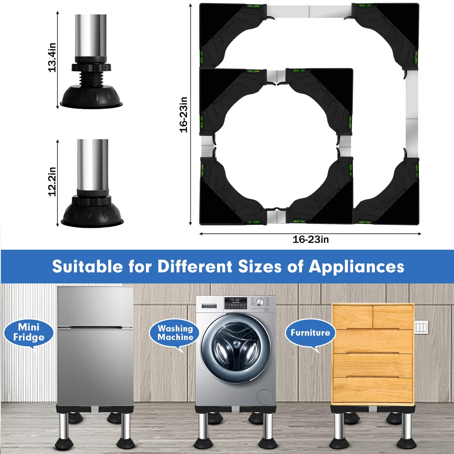 Ailahloe 12.2" to 13.4" Height Mini Fridge Stand Adjustable Washer and Dryer Pedestals Stand with 4 Strong Feet Heavy Duty Laundry Pedestal for 16-24 Inch Appliance 460 Pounds Stand (Black)