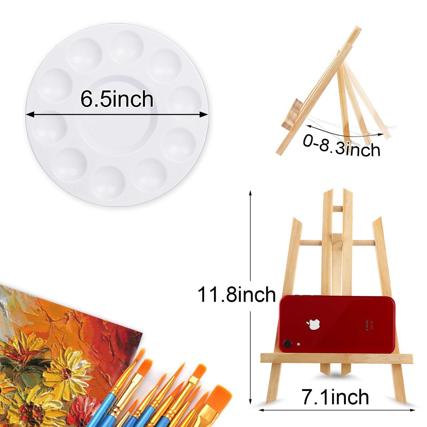 144 PCS Professional Painting Set, 12 PCS Wood Easels,12 Packs of 120 Brushes with Nylon Brush Head and 12 PCS Palettes, Painting Supplies kit for Kids & Adults Party.