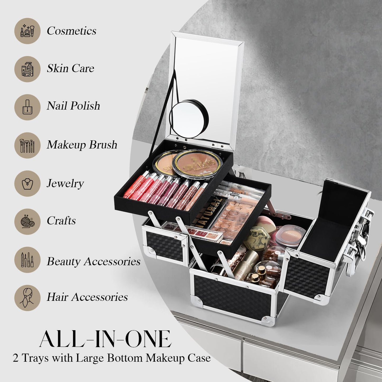Joligrace Makeup Box Cosmetic Train Case Jewelry Organizer Box - 2 Trays Key Lock Portable Carrying with Mirror Travel Storage Modern Style Black