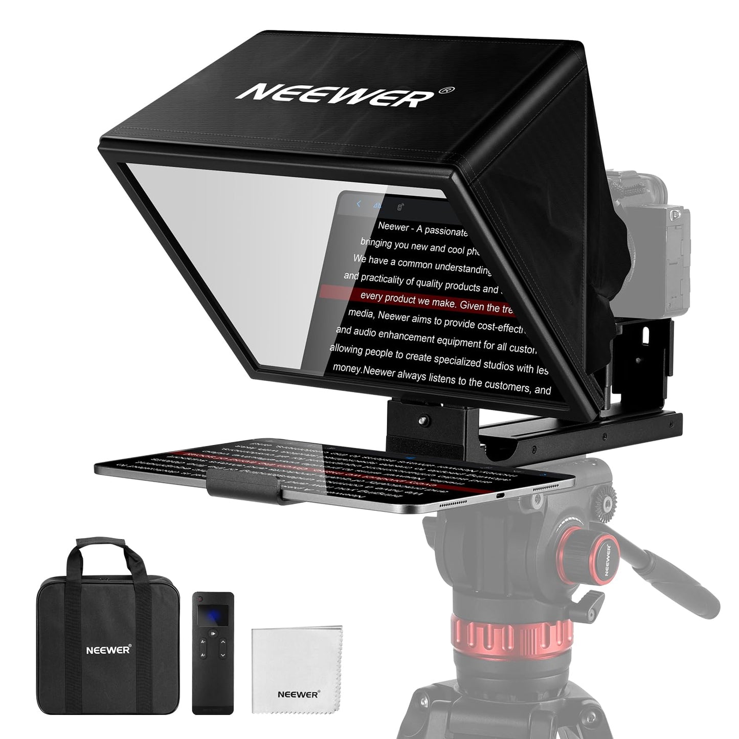 NEEWER Basics X12B Aluminum Alloy Teleprompter 12" for iPad Tablet DSLR Camera, Bluetooth, No Assembly, Remote & App Control, Compatible with iOS Android, Black, for Streaming