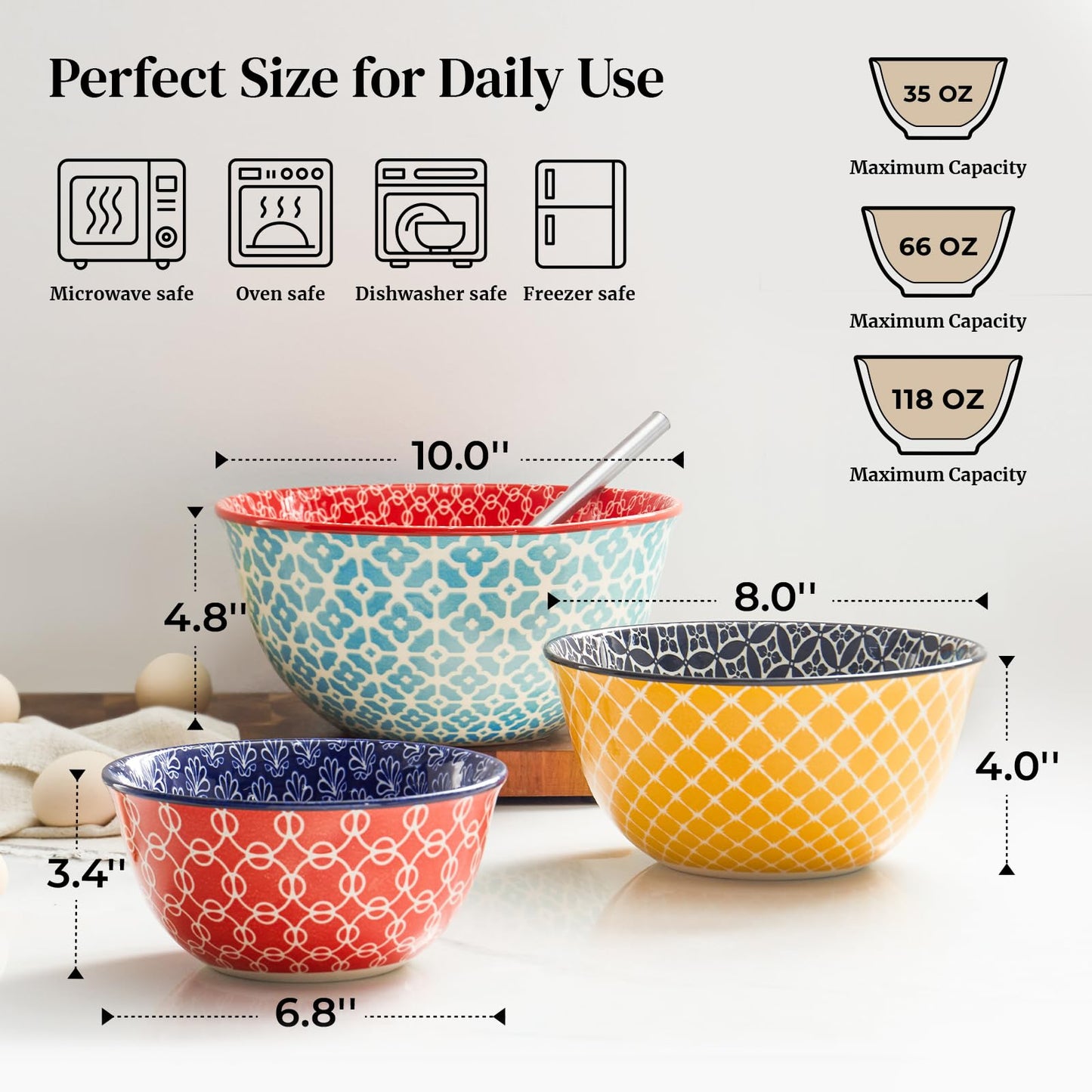 DOWAN Mixing Bowls, Ceramic Mixing Bowls for Kitchen, Colorful Vibrant Nesting Bowls for Cooking, Baking, Prepping, Serving, Salad, Housewarming Gift, Microwave Dishwasher Safe, 3.7/2/1 Qt, Set of 3