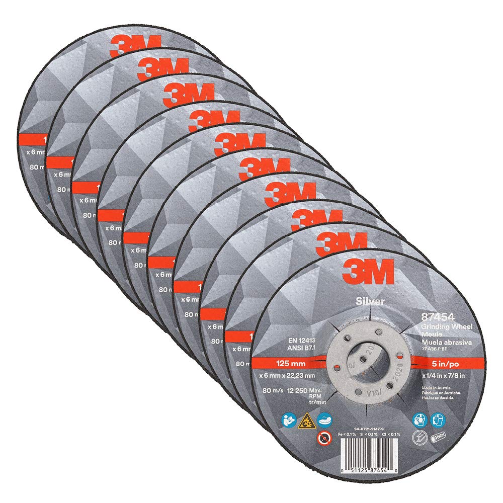 3M Silver Depressed Center Grinding Wheel, 87454, T27, 5 in x 1/4 in x 7/8 in, Pack of 10, Deburring Edges, Heavy Stock Removal, Stainless Steel, Mild Steel, Right Angle Grinding