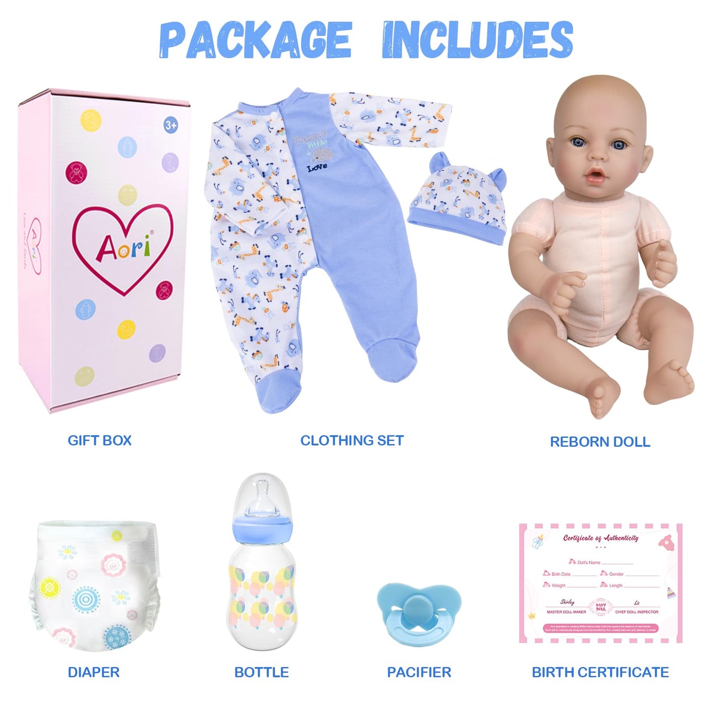 Aori Reborn Baby Dolls Boy - 18'' Realistic Newborn Baby Doll with Blue Feeding Set & Birth Certificate - Lifelike Weighted Body for Role Play, Gift for Kids Ages 3+