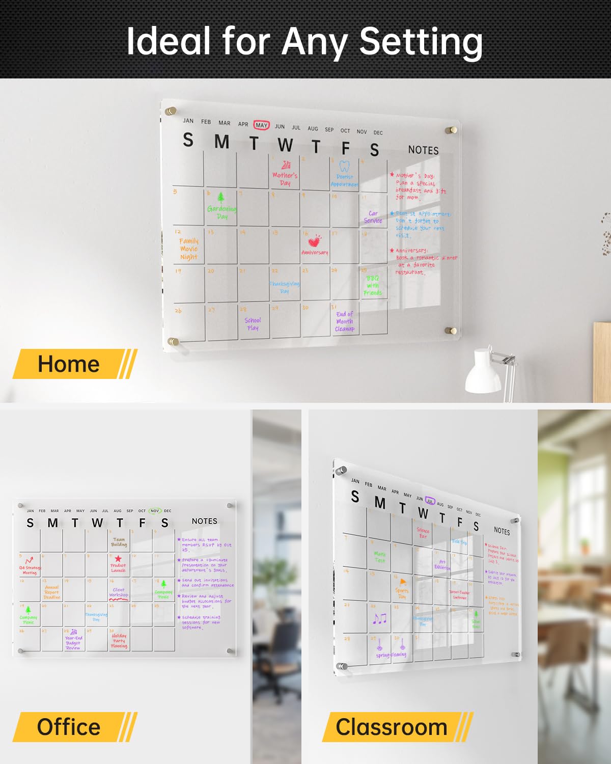 24x16 Acrylic Wall Calendar with Black Print - Medium Dry Erase Planner, 8 Markers, Eraser & Mounting Kit - Ideal for Home, Office, Classroom