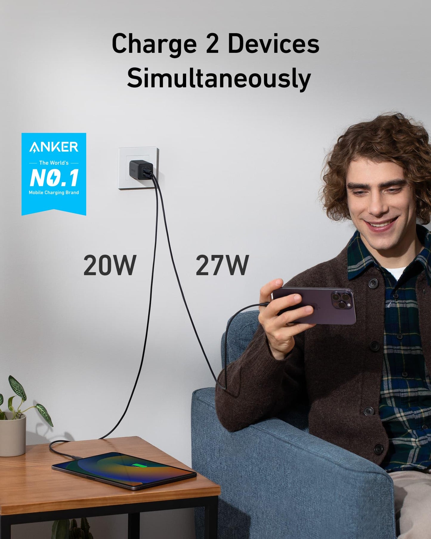 Anker Nano Charger, 47W USB C Charger, 2 Port Compact Foldable GaN Charger for iPhone 16/15 and More Series, Galaxy, Pixel, Compatible with MagSafe