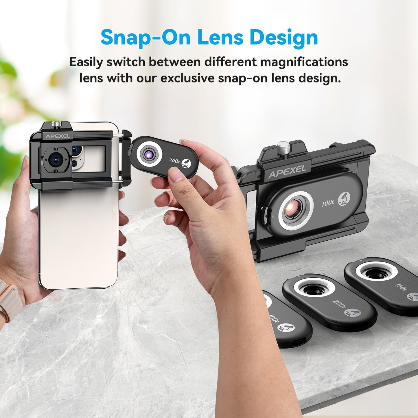 APEXEL 3-in-1 Phone Microscope Lens, 100X/150X/200X Nano Zoom Phone Micro Lens for Android/iPhone with LED UV Light/CPL/Universal Clip, Mini Pocket Digital Microscope, Portable Smartphone Camera