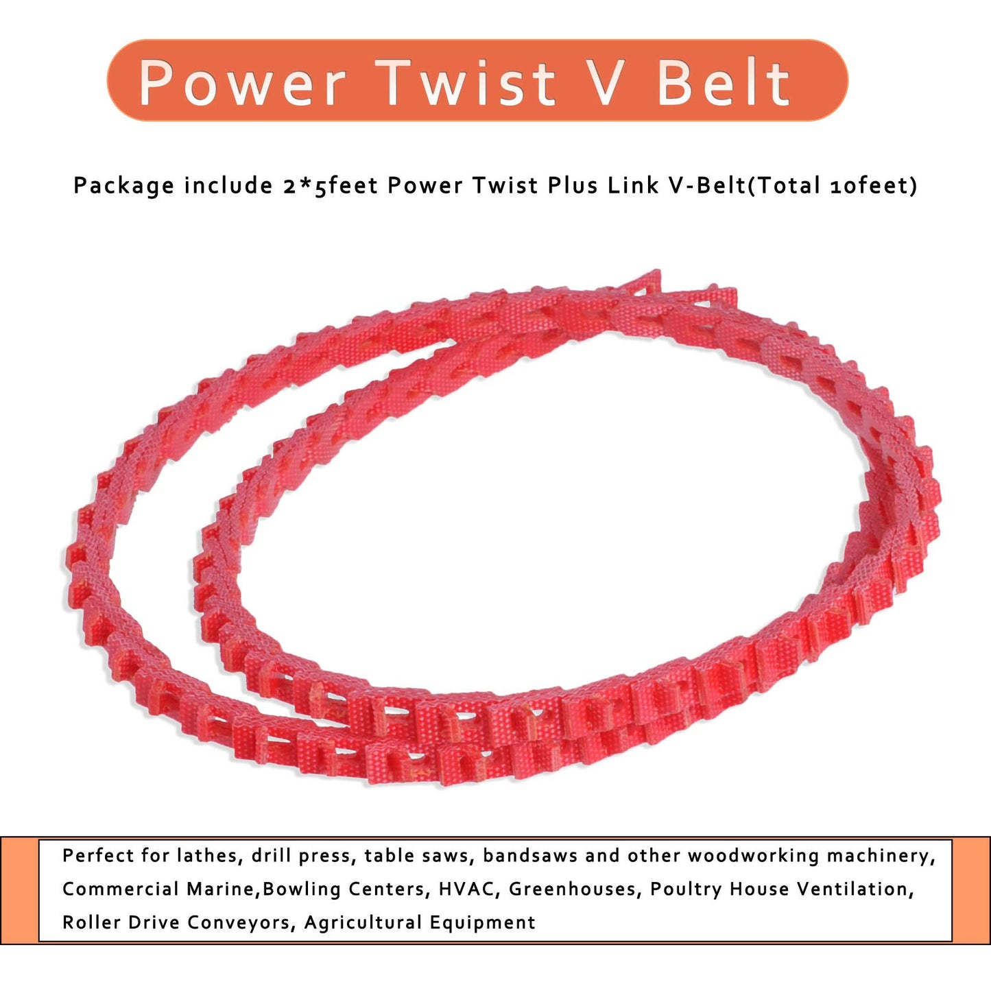 10FT Power Twist V Belt,1/2-Inch x 10 Feet A Type, Adjustable Link Belt for Table Saw/Wood Lathe/Drill Presses