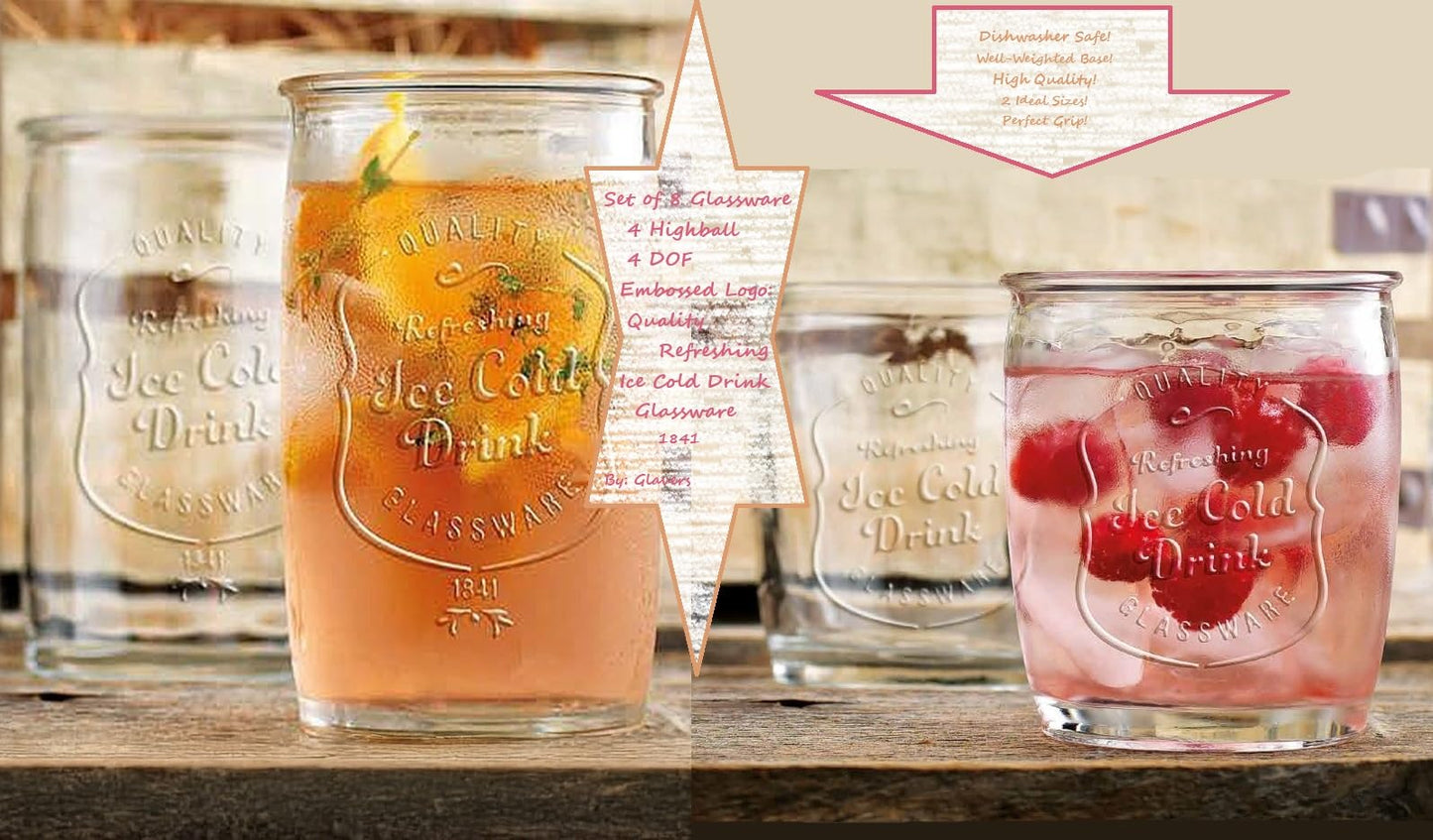 Glaver's Ice Cold Set of 8 Drinking Glasses 4-20 Oz Highball Glasses, and 4-13 Oz Whiskey Glass Cups For Everyday Home Use Water glasses, Beer, Juice, Cocktail.
