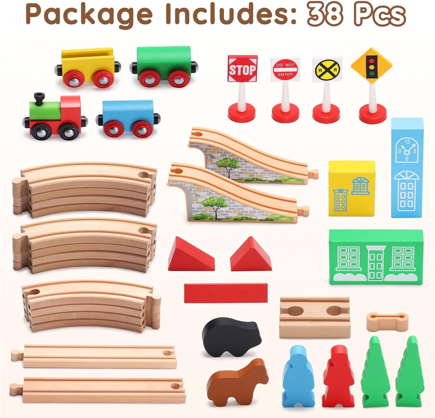 SainSmart Jr. Wooden Train Set for Toddler with Double-Side Train Tracks Fits Brio, Thomas, Melissa and Doug, Kids Wood Toy Train for 3,4,5 Year Old Boys and Girls (Small Town with Container)