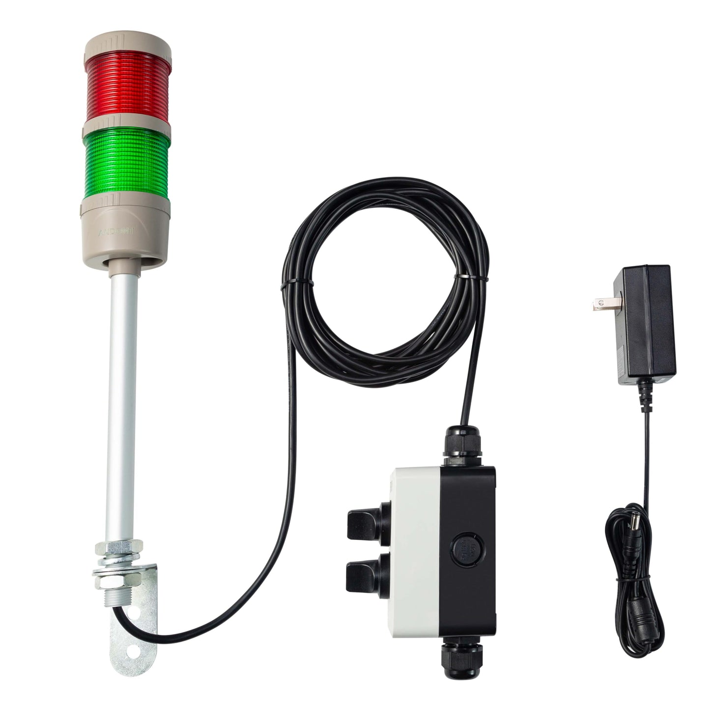 ANDONT 2 Stack Super Bright LED Andon Tower Lights with Buzzer, Red/Green, Off-ON or Flash,16 ft Extension Cord, 6 ft Industrial Adapter, IP53, 2.36" Diameter 15.6" Length, Plug Play Ready