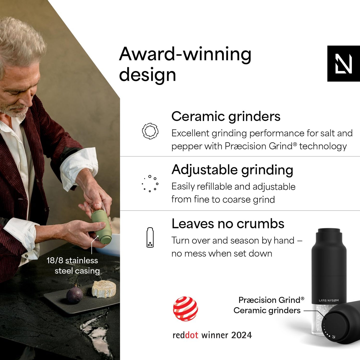 LARS NYSØM Salt and Pepper Grinder Set Stainless Steel with Adjustable Grinder I Bottle Design Spice Mills Set Manual (Carbon Black)