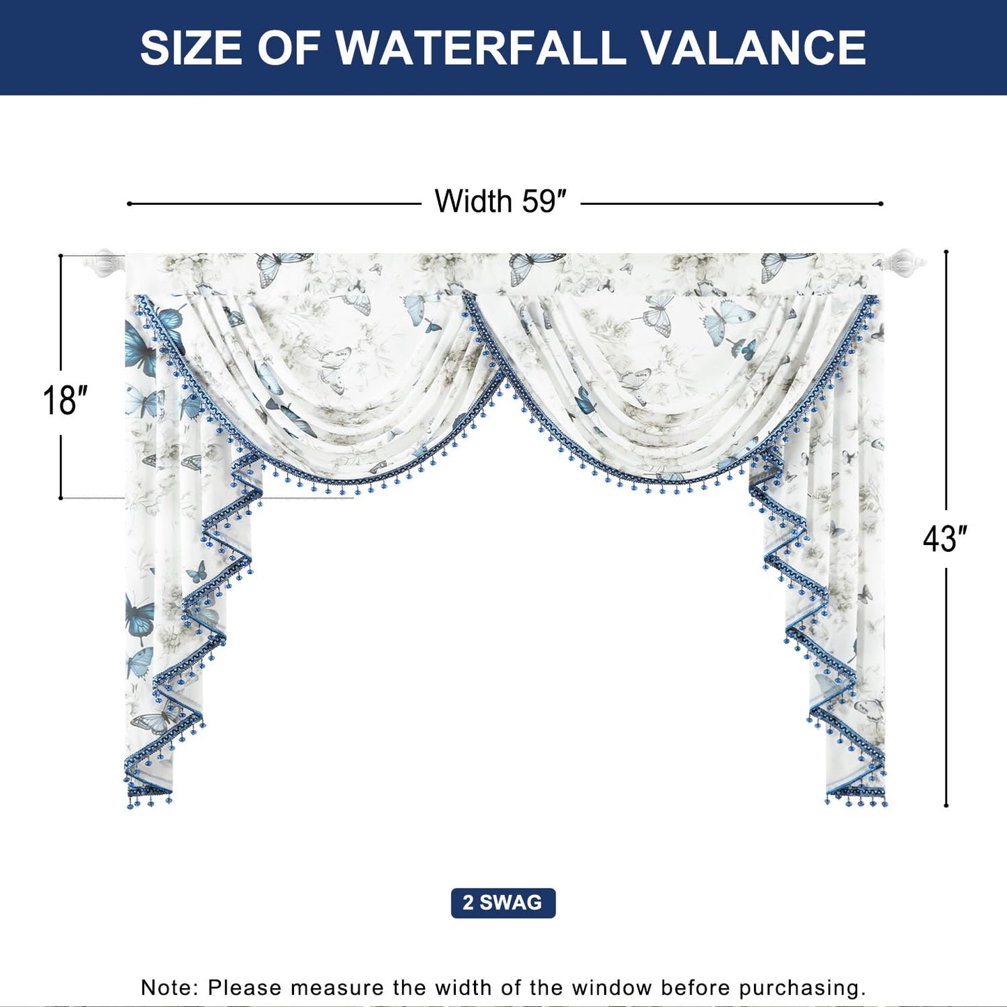 Leeva Luxury Sheer Valance Curtains with Bead Tassels, Farmhouse Waterfall Swag Design, Butterflies Print Valance for Windows, 59"x 43", Lightweight Voile for Nursery Bedroom Kitchen