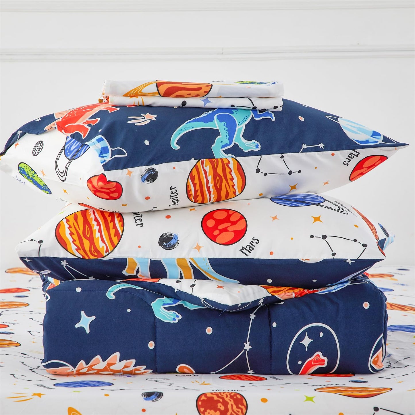 NTBED Dinosaur Kids Comforter Set Twin Size 5 Pieces Bed in A Bag for Boys Girls Glow in The Dark Space Planet Bedding Sets with Sheet