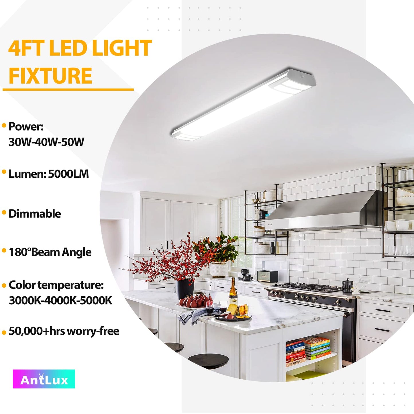 ANTLUX 4FT LED Light Fixtures, 3000K 4000K 5000K Selectable, 30W/40W/50W Dimmable 4 Foot Kitchen Ceiling Light Fixture, 48 Inch Flush Mount LED Wraparound Puff Lights for Kitchen, Laundry, Office