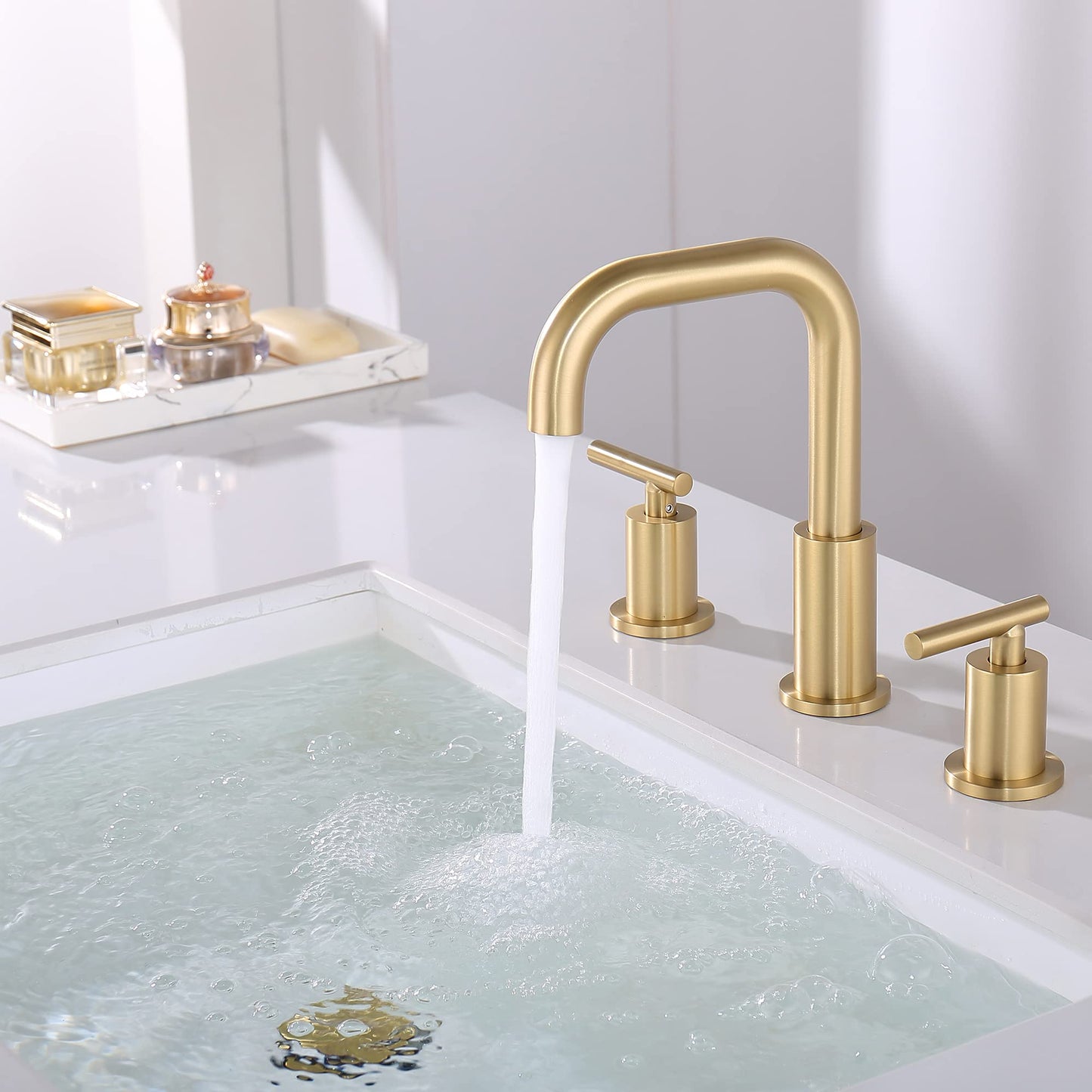 8 inch Widespread Bathroom Faucet with Drain and Supply Hose, 2 Handles Brushed Gold Bathroom Faucet for Sink 3 Hole, ChiLDano Bathroom Faucet Gold CH3166BG