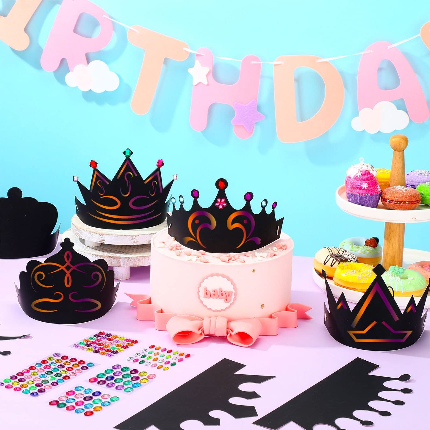 Yinder 130 Pcs Crafts Crowns Set 48 Pcs Scratch DIY Paper Crowns with Rainbow Color Crown Headband Hats 24 Pcs Wooden Styluses 48 Pcs Elastic Bands 10 Sheet Colorful Gem Jewels Stickers for Girls Boys