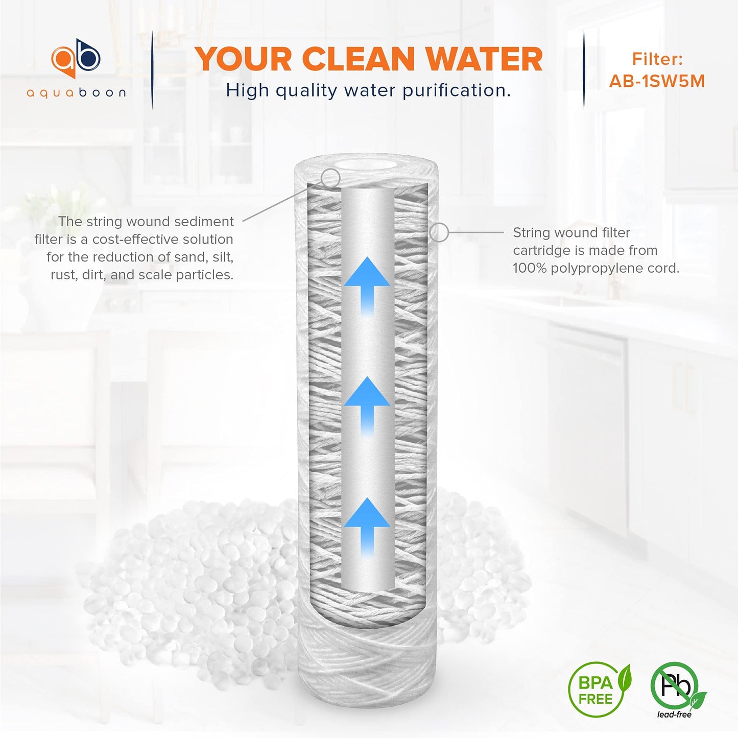 Aquaboon Whole House 5 Micron 10 x 2.5 String Wound Sediment Water Filter Cartridge Replacement Compatible with Well Water Filter WHKF-WHSW, 6-Pack