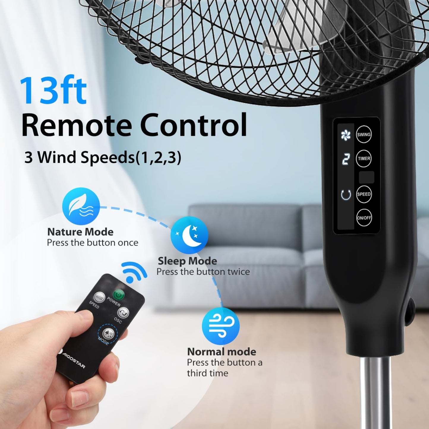 Aigostar 7-Blade Pedestal Fan Oscillating with Remote, 16" Standing Fan for Bedroom, 9H Timer, 3 Speeds, 3 Modes, Adjustable Height and Tilt, Floor Fan for Living Room, Kitchen, Home, and Office