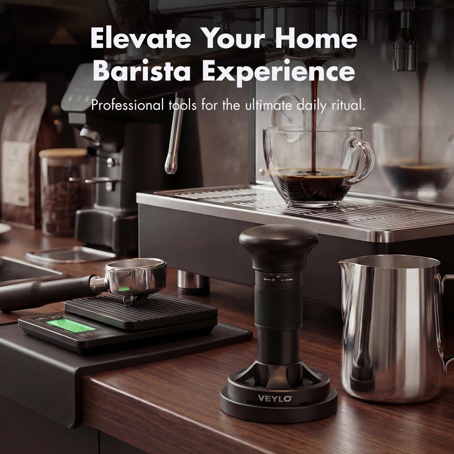 VEYLO 53.3mm Espresso Tamper, Barista-Grade Adjustable Calibrated Coffee Tamper with 24-Click Precision Dial, No Spring Swap, Audible Feedback, Ripple Base for Breville 54mm Portafilter Basket