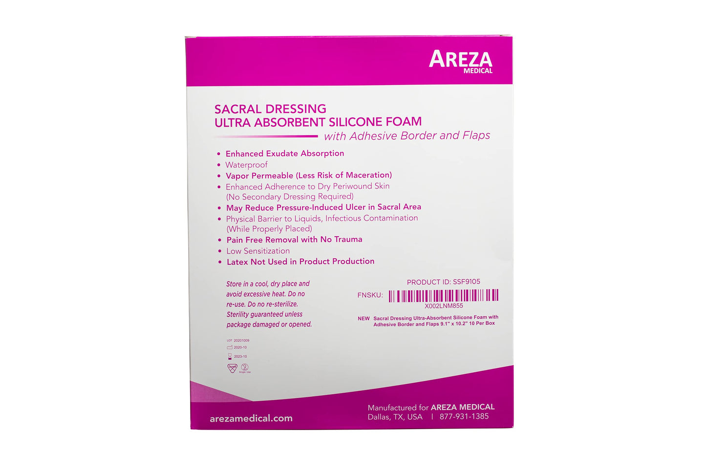 Areza Medical - Silicone Foam with Super-Absorbent Layer - Wound Dressing - Waterproof - with Adhesive Border - Sterile - Designed for Sacral Wounds - 9.1" x 10.2" - 10 PCS per Box - FSA/HSA Approved
