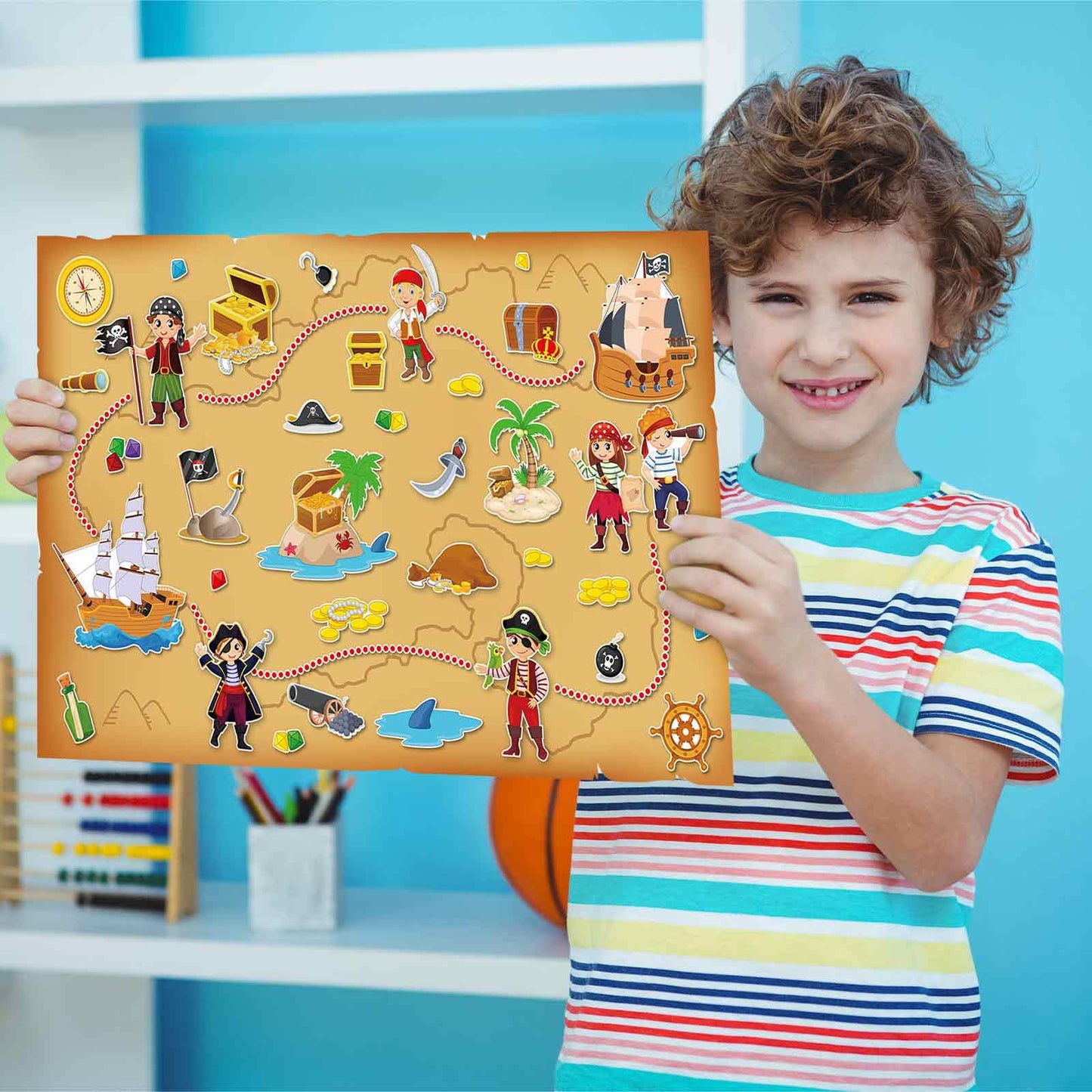 Kosiz 12 Pcs Giant Treasure Island Map Sticker Scenes Include 12 Backgrounds and Sticker Sheets Pirate Map Pirate Party Activity for Kids