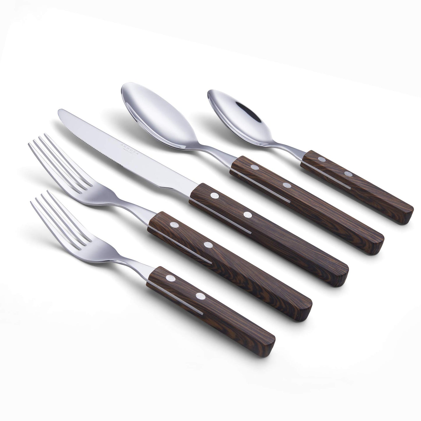 ANNOVA Silverware Set Stainless Steel Cutlery Color Handle With Rivet/Retro Flatware (Walnut/Wood 303, 20 Pieces)