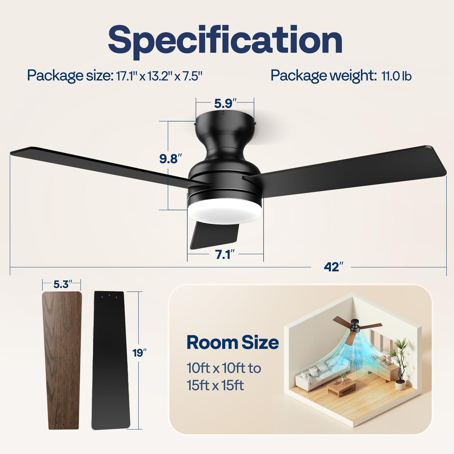 VIVOHOME Ceiling Fans with Lights, 42 inch Low Profile Ceiling Fan with Light and Remote, Flush Mount for Bedroom, Living Room, Garage, 6+1 Speeds, 3CCT, Dimmable, Timer, Quiet Reversible, Black