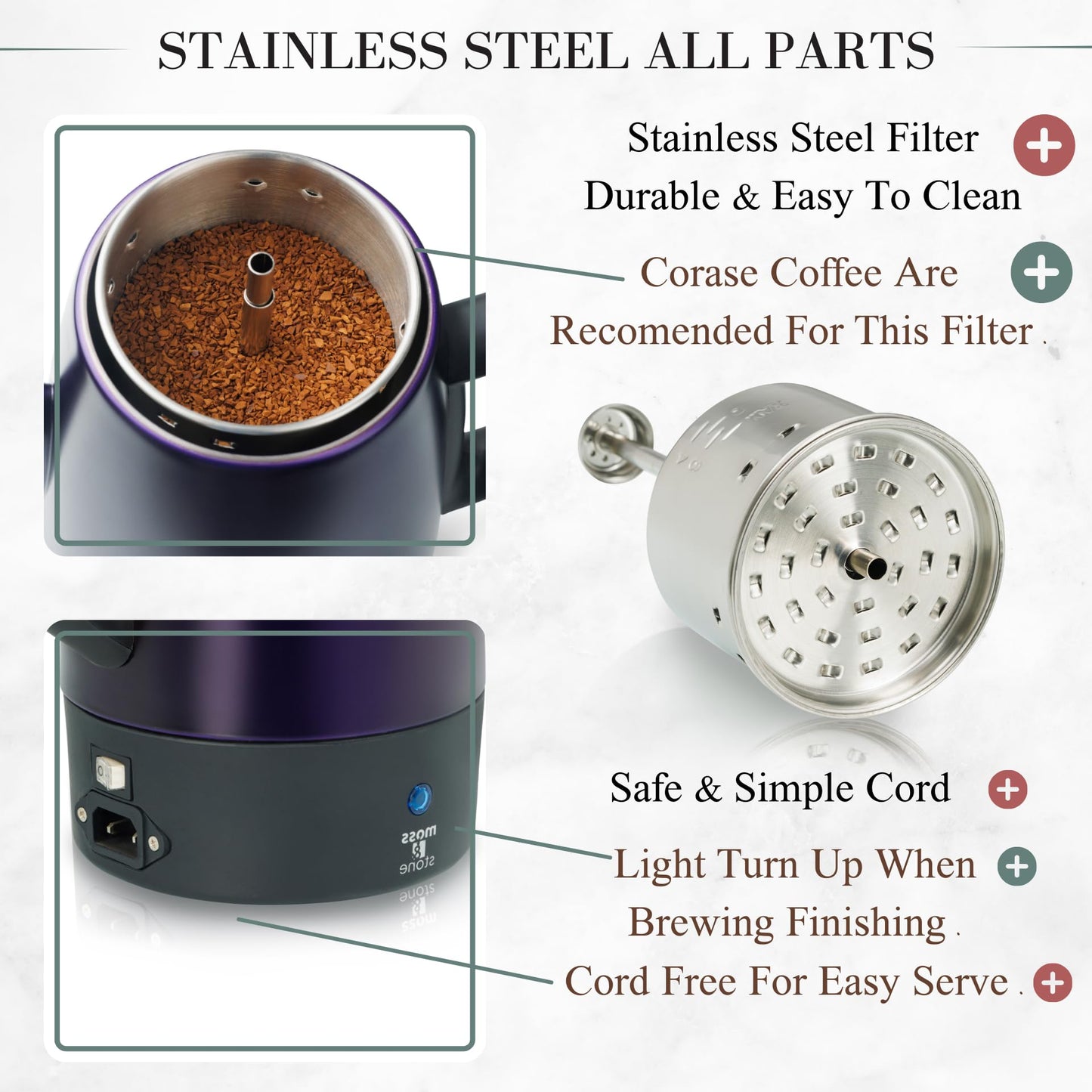 Moss & Stone 10 Cup Purpale Percolator Coffee Pot Electric, Stainless Steel Coffee Percolator Electric With Keep Warm Function, Classic Perculator Pot With Removable Basket for Home or Office