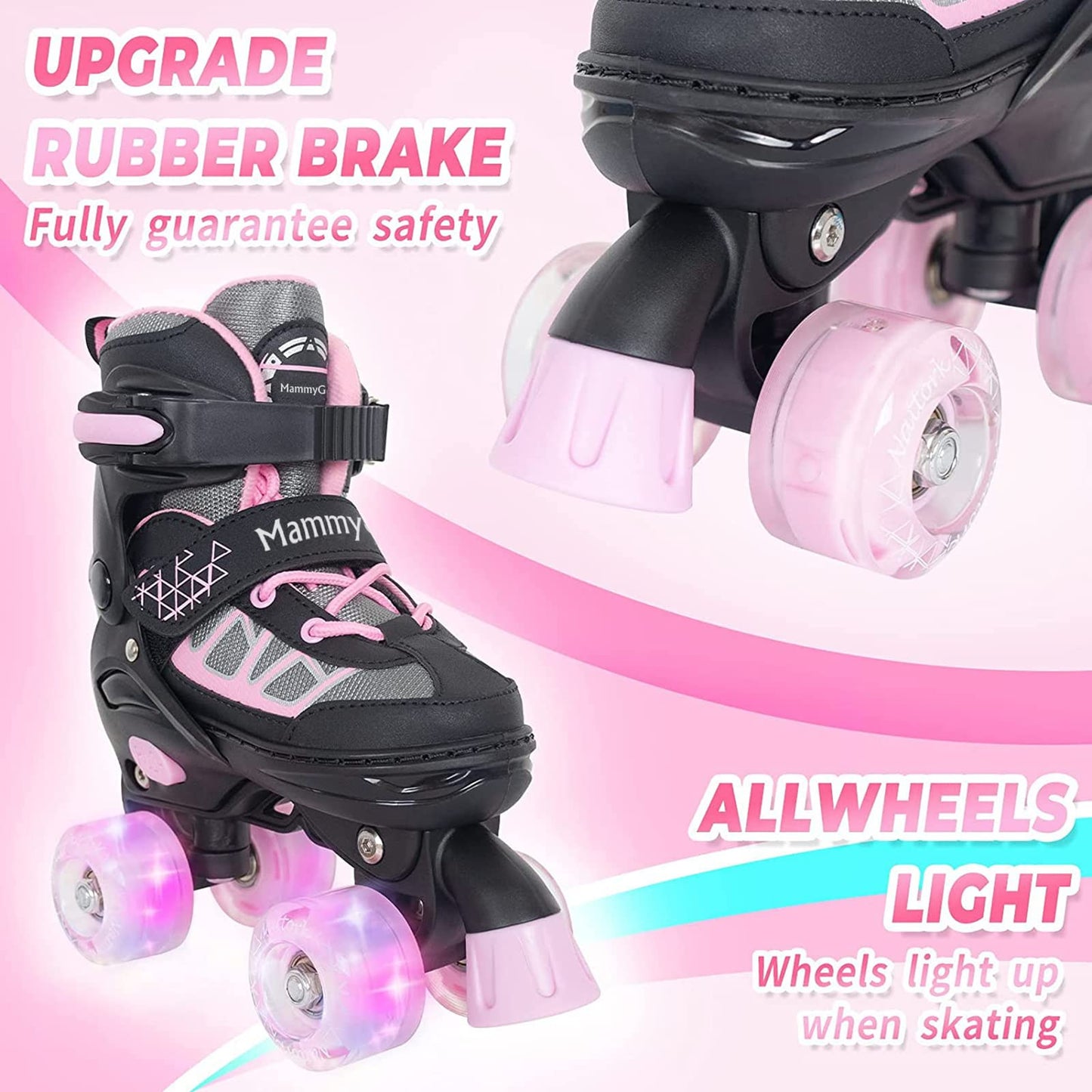 MammyGol Roller Skates for Kids Boys Girls, Adjustable Quad Skates with Light Up Wheels for Toddler Big Kids Ages 6-12 Size 3 4 5 6, Beginners Outdoor Sports, Pink