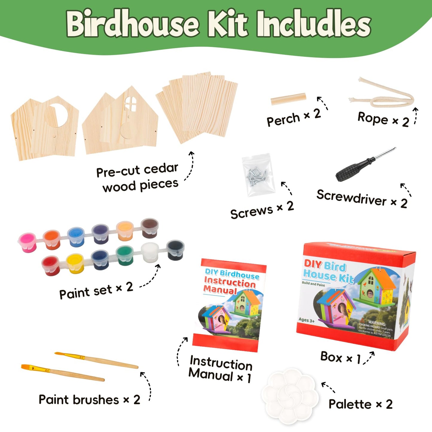 DoodleDoo 4 Pack Wooden DIY Birdhouse Kit, Art and Craft, Bird Houses Indoor Outdoor Painting Kit with Paint & Brushes for Kids Ages 6-12 Birthday Gift for Adults Boys Girls