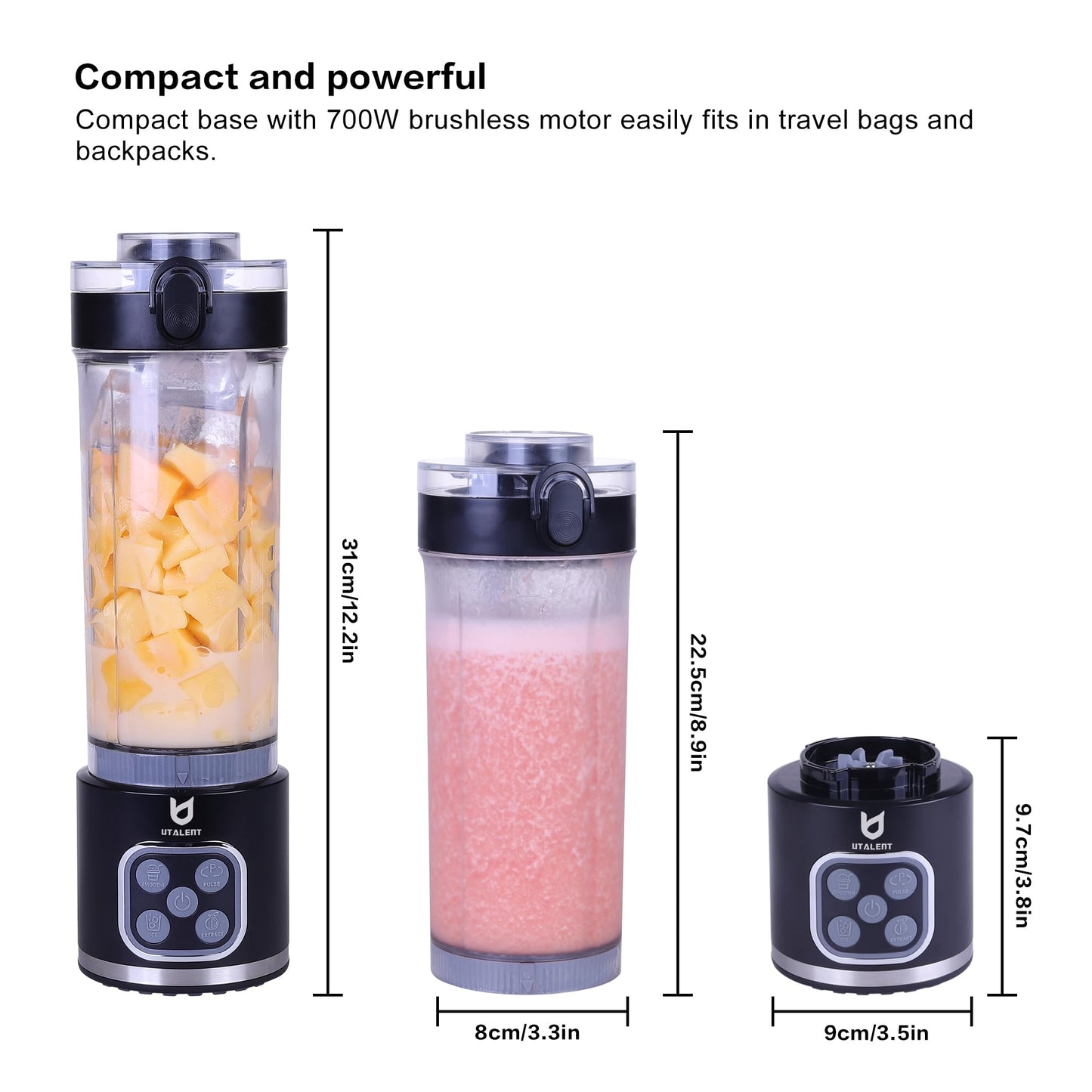 UTALENT Cordless Portable Blender, 25 oz removable Vessel, 700W Personal Blender, For-Smoothies, Ice Crush, 4 Programs, Leakproof-Lid & Sip Spout, USB-C Rechargeable, Dishwasher Safe Parts, Black