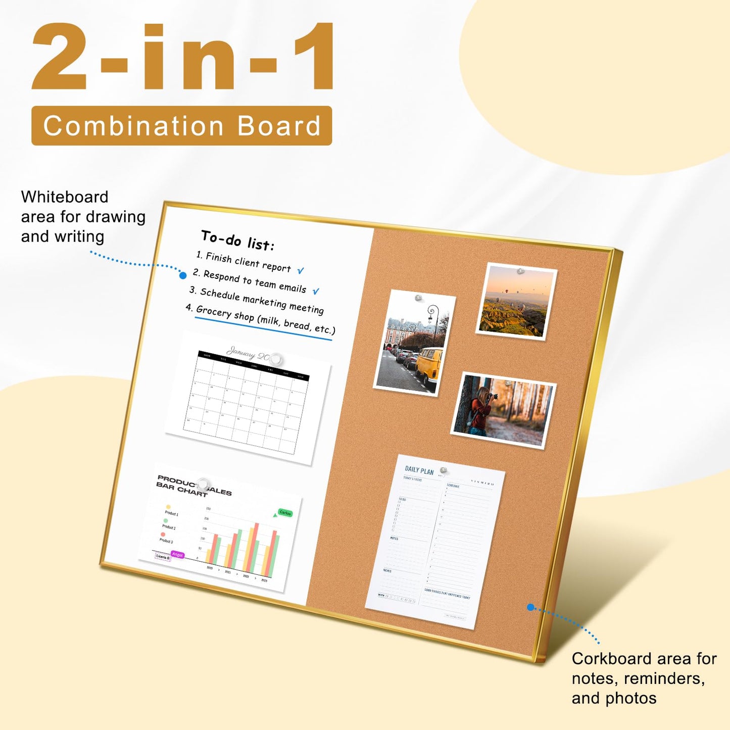 QUEENLINK Cork Board White Board Combo - 36'' x 24'' - Half Bulletin Board - Half Magnetic Dry Erase Board - Gold Aluminum Frame