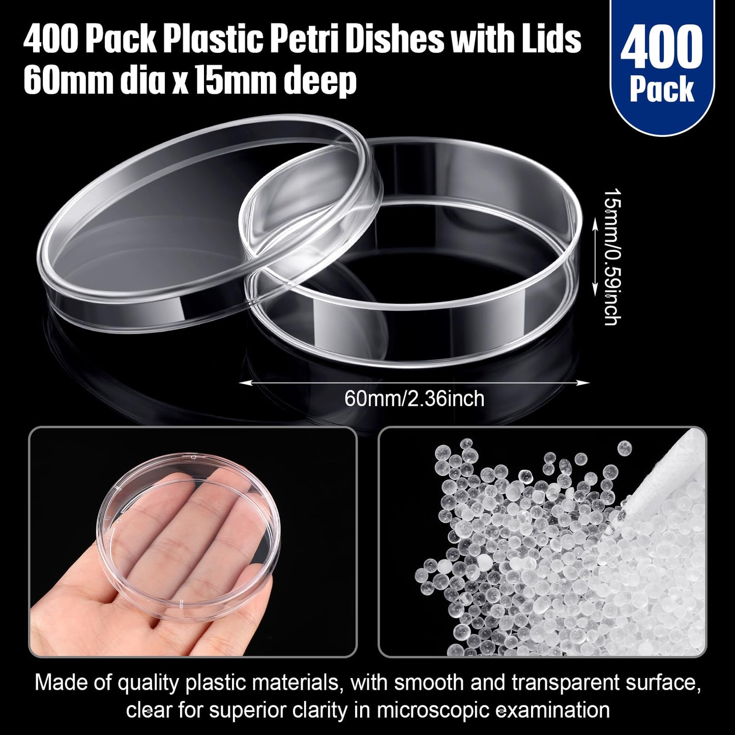 Kigley 400 Pcs Sterile Plastic Petri Dishes with Lids 60mm Dia x 15mm Deep Clear Culture Lab Petri Dishes for Science Experiment Lab Analysis Equipment School Projects Supplies