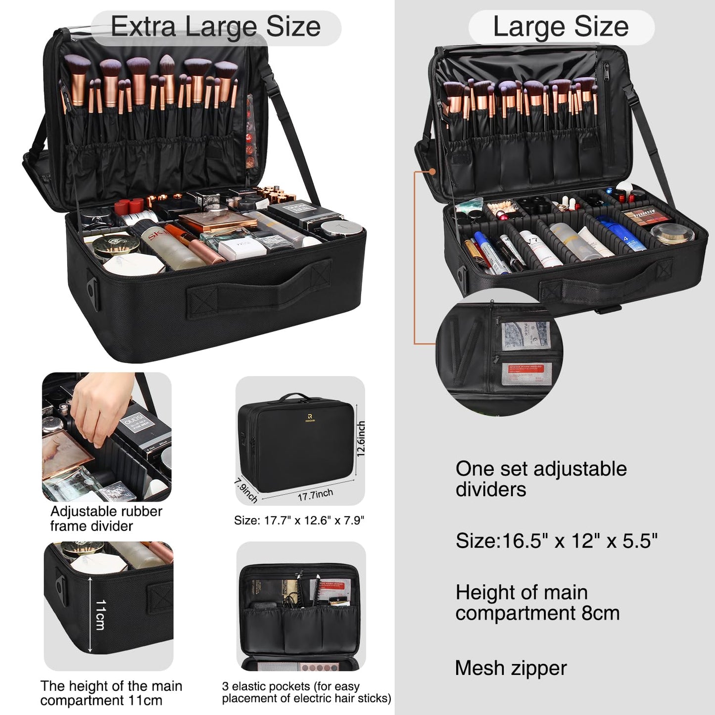 Relavel Large Makeup Organizer Profession Makeup Bag Extra Large Makeup Case with Adjustable Dividers, Adjustable Angle Fixed Belt and Shoulder Strap Plastic Dividers