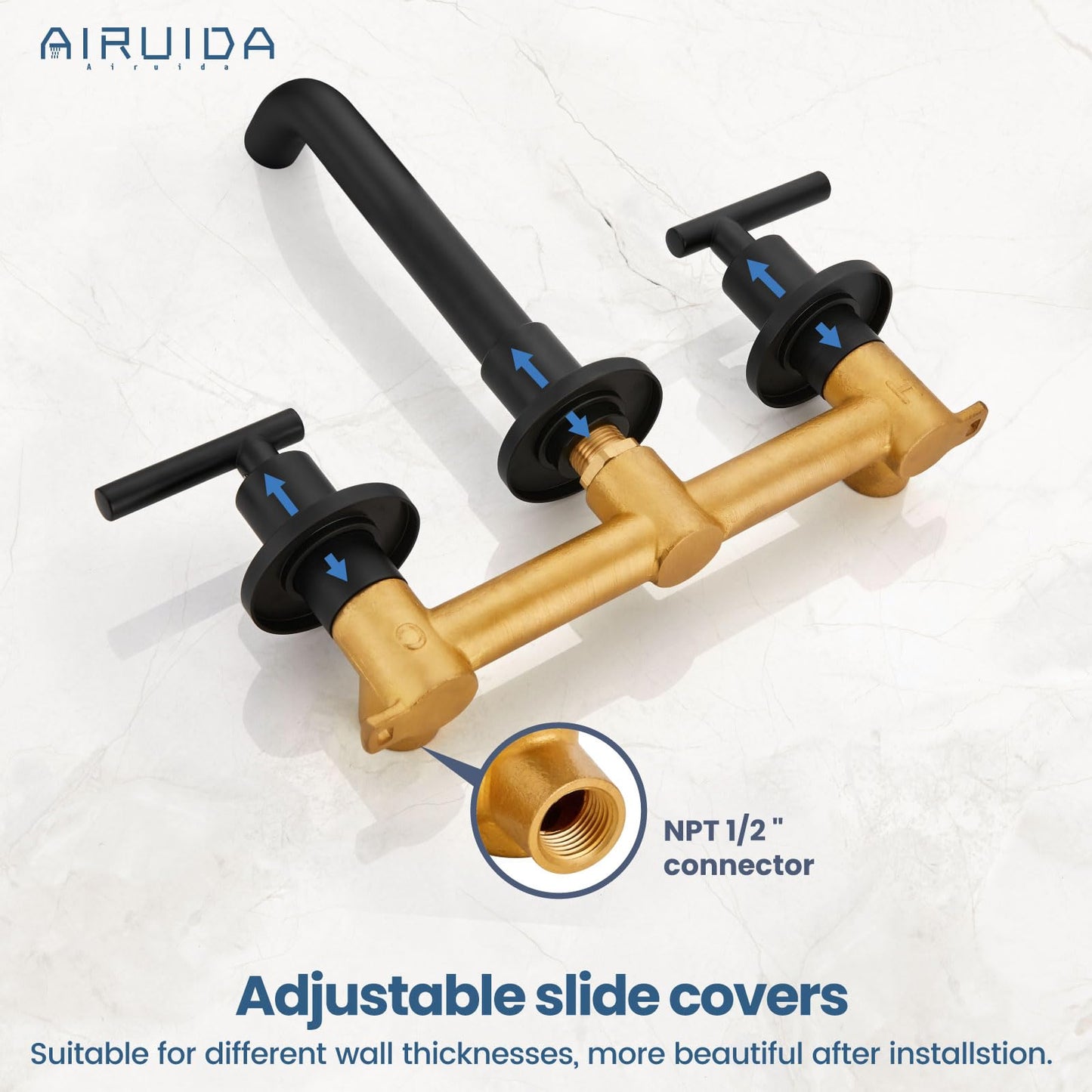 Airuida Wall Mounted Widespread Bathroom Sink Faucet Wall Mount Lavatory Faucet Vanity Sink Mixer Tap 2 Lever Handles 3 Holes 360 Swivel Spout with Brass Rough in Valve Matte Black