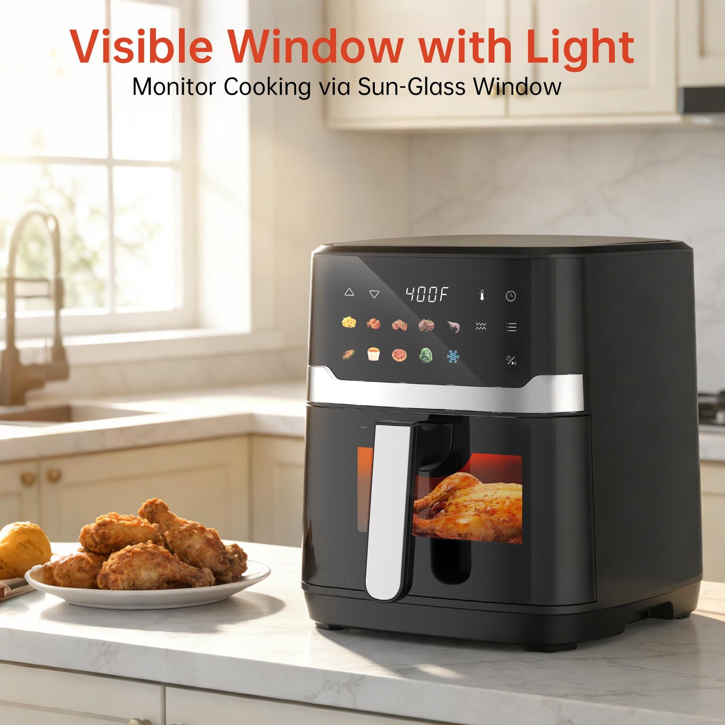 VUSIGN Air Fryer 6.8QT, 10-in-1 Functions Airfryer with Visible Window, 400°F Fast Heating & Adjustable Bottom Heater for Crispier Results, Nonstick & Dishwasher-Safe Basket, 1700W, Black